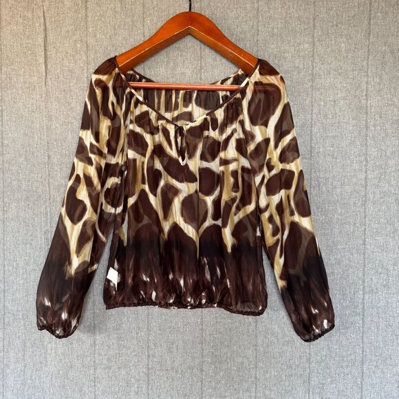 90s Vintage Karen Kane 100% Silk Brown Giraffe Print Ballon Sleeve Blouse Size M - Picture 9 of 12
